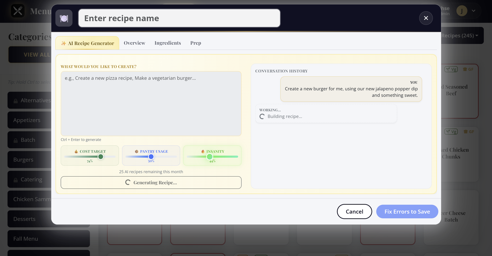 Use AI to create new recipes with more or less of your existing ingredients, including batch recipes.
