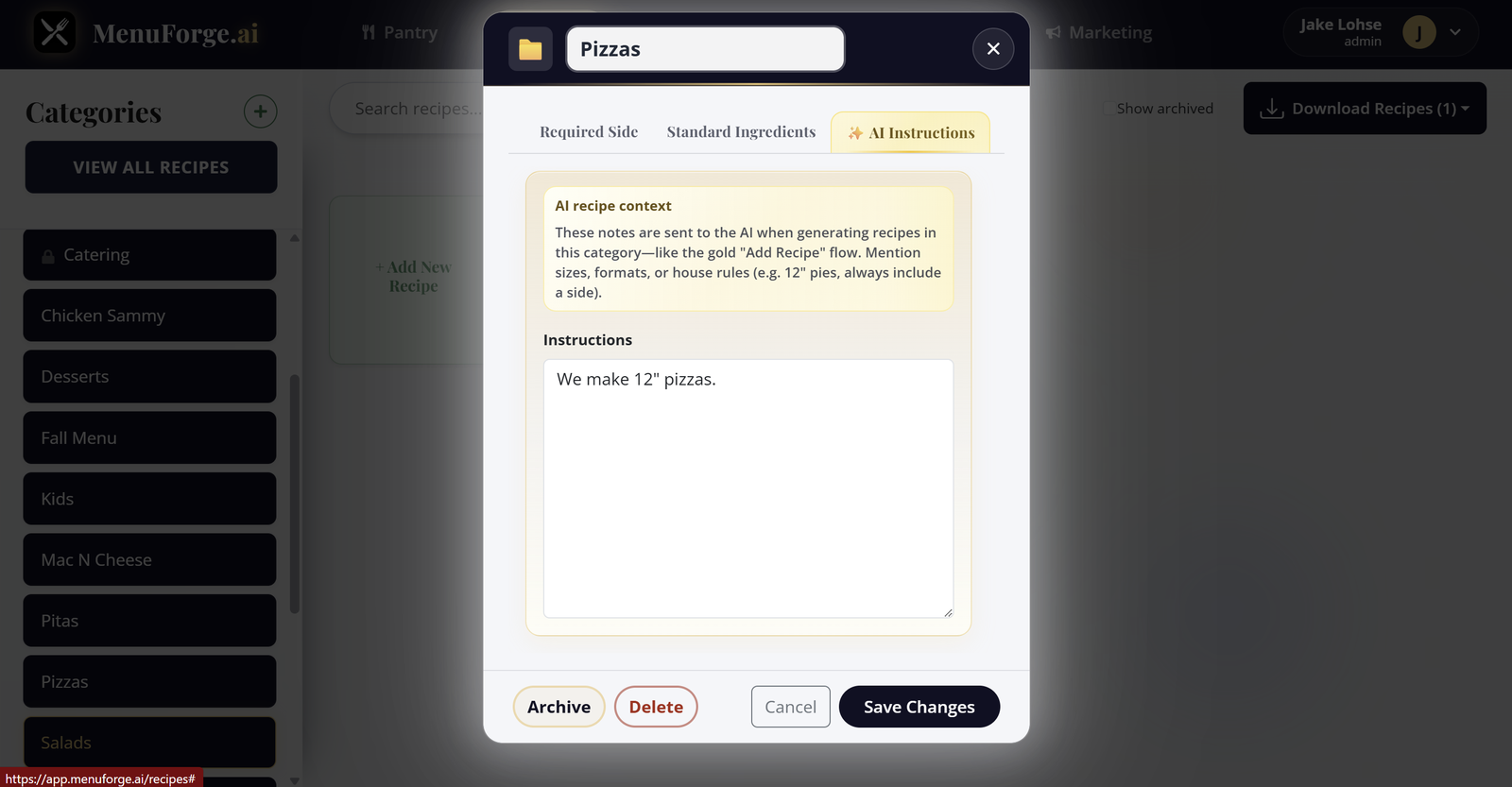 Save instructions on a category to send to AI when building a recipe in this category.