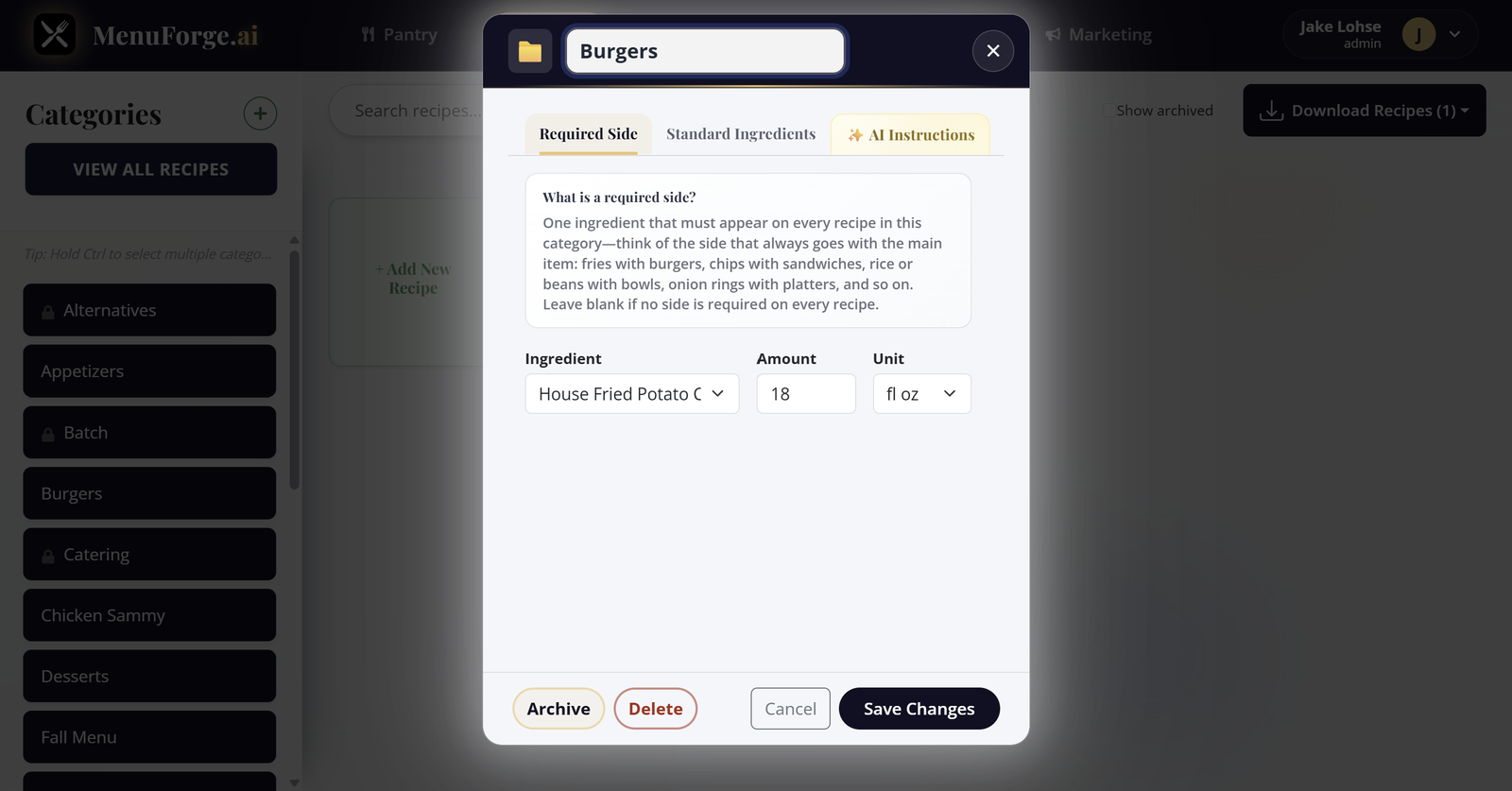 Add required sides and standard ingredients to a category so you never forget the bun and the fries in your pricing.