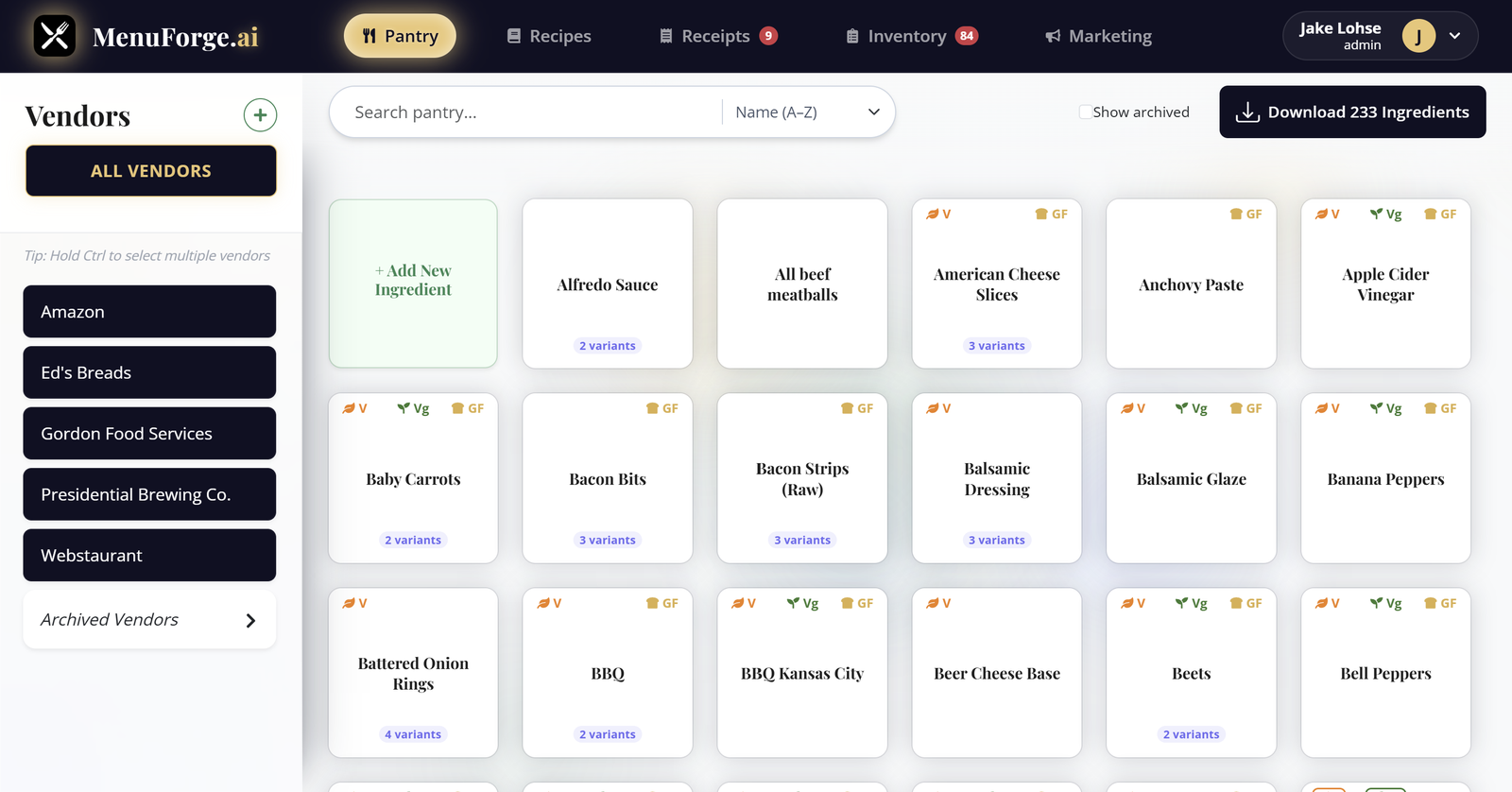 Pantry grid with vendor filters, dietary flags on ingredients, variants noted, and ingredient list download.