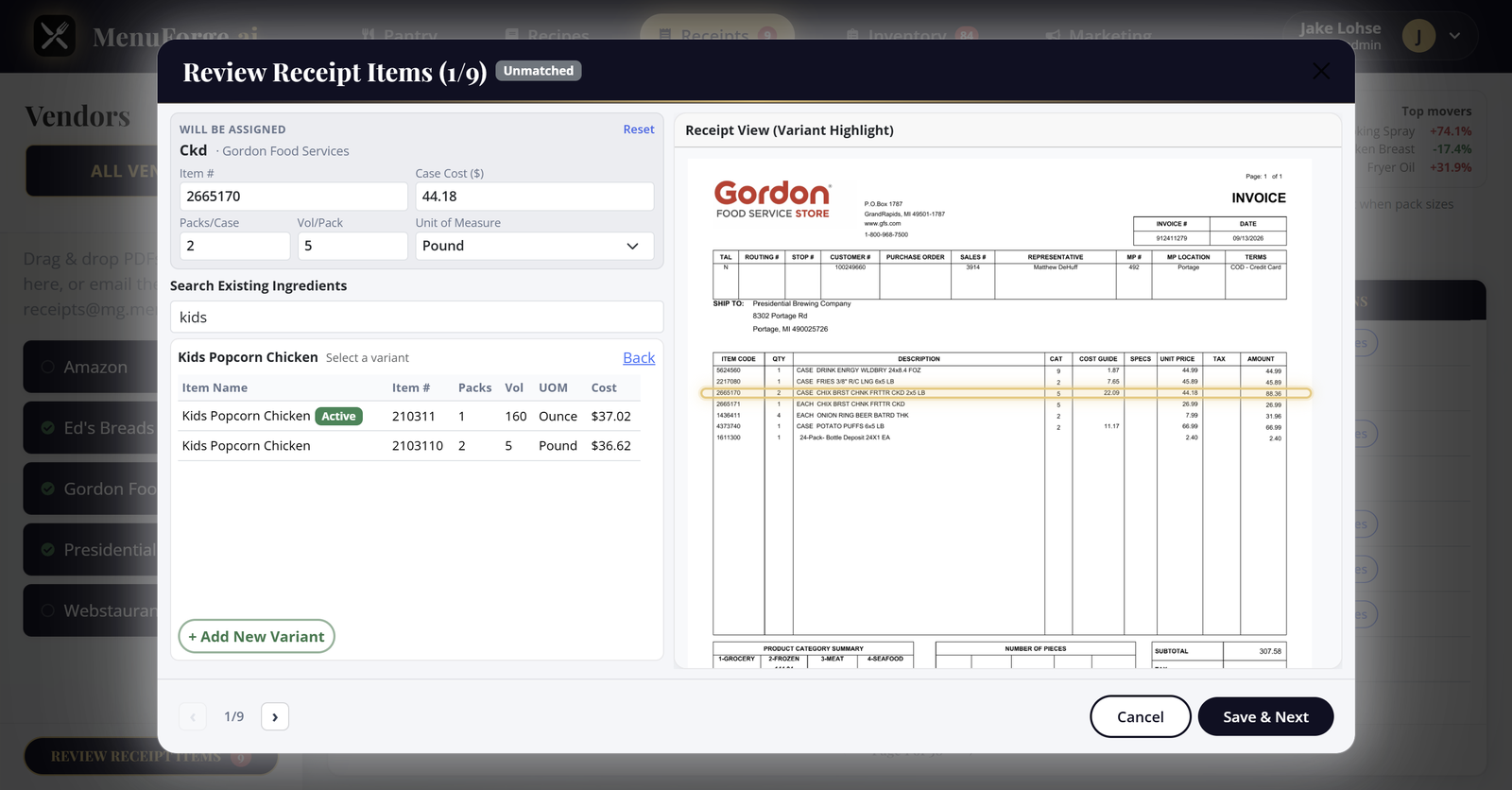 Receipt to ingredient matching, showing ingredient variants.