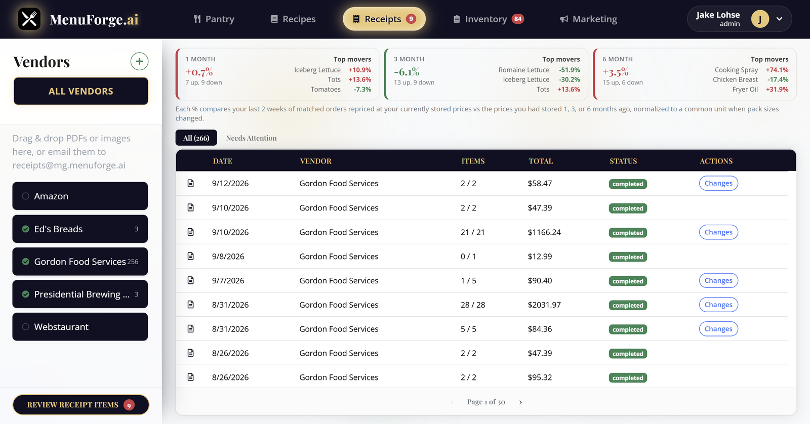 MenuForge receipt processing page with vendor invoices and price-change movers.