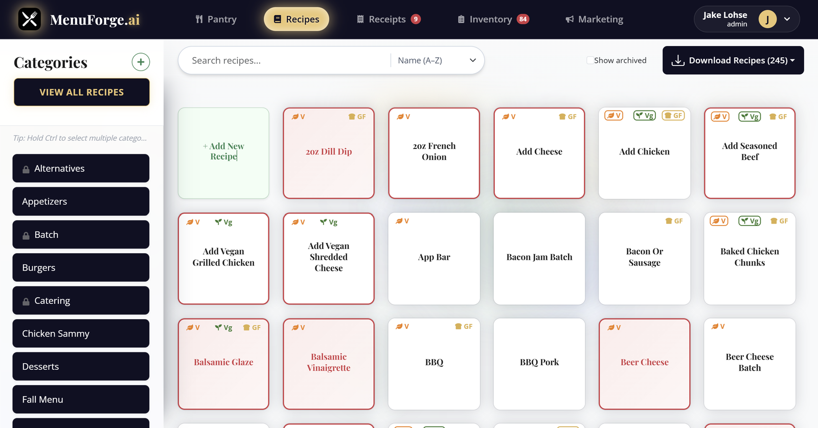 MenuForge recipe grid. Red recipes are pricing issues.